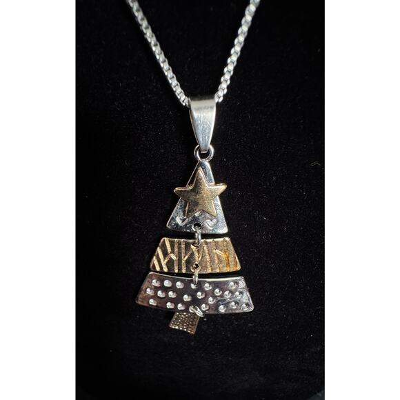 New Silver Christmas Tree Pendant Necklace — Festive Holiday Jewelry N131 - Picture 2 of 4